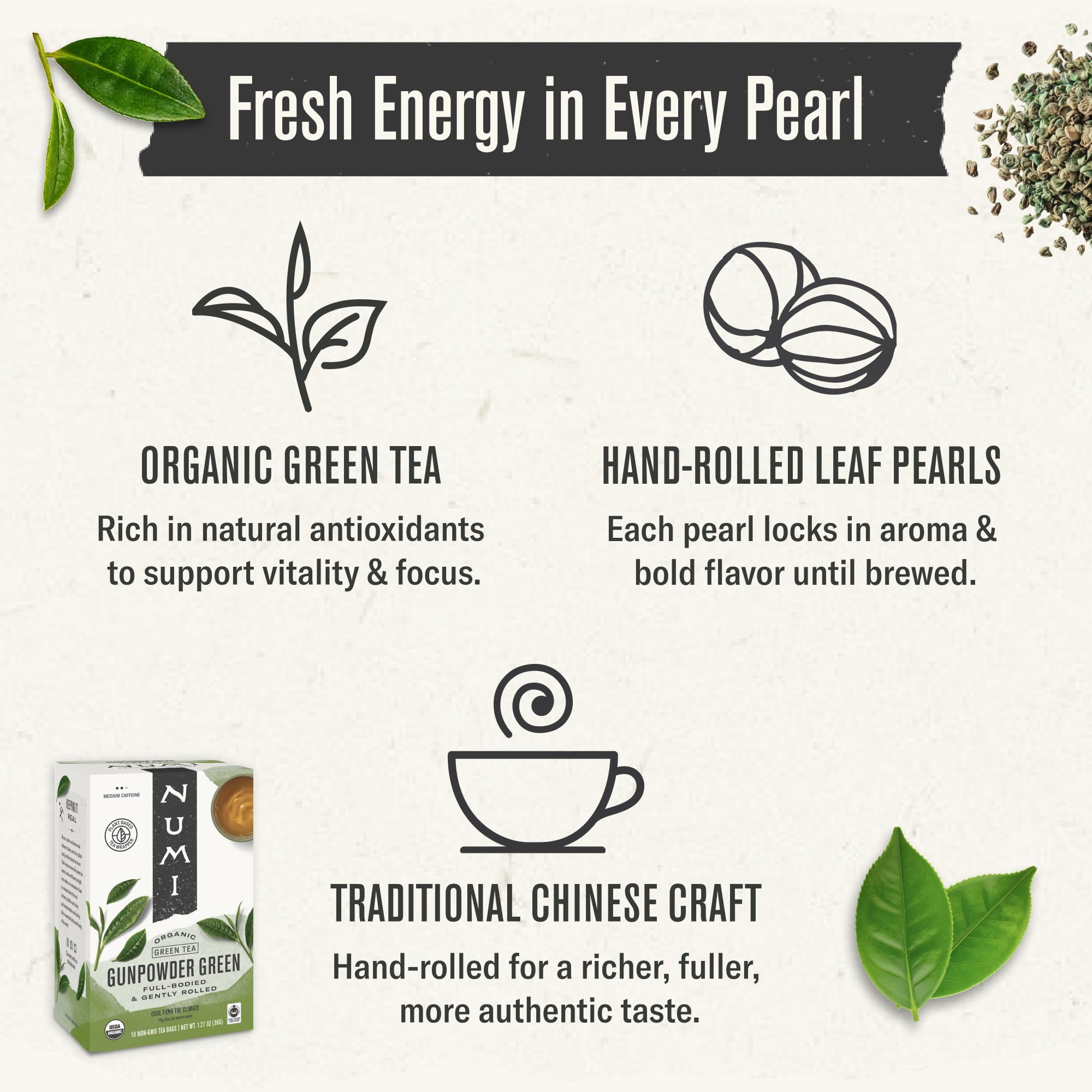 Numi Gunpowder Green Tea steeping cup reveals bold, smooth flavor on demand.