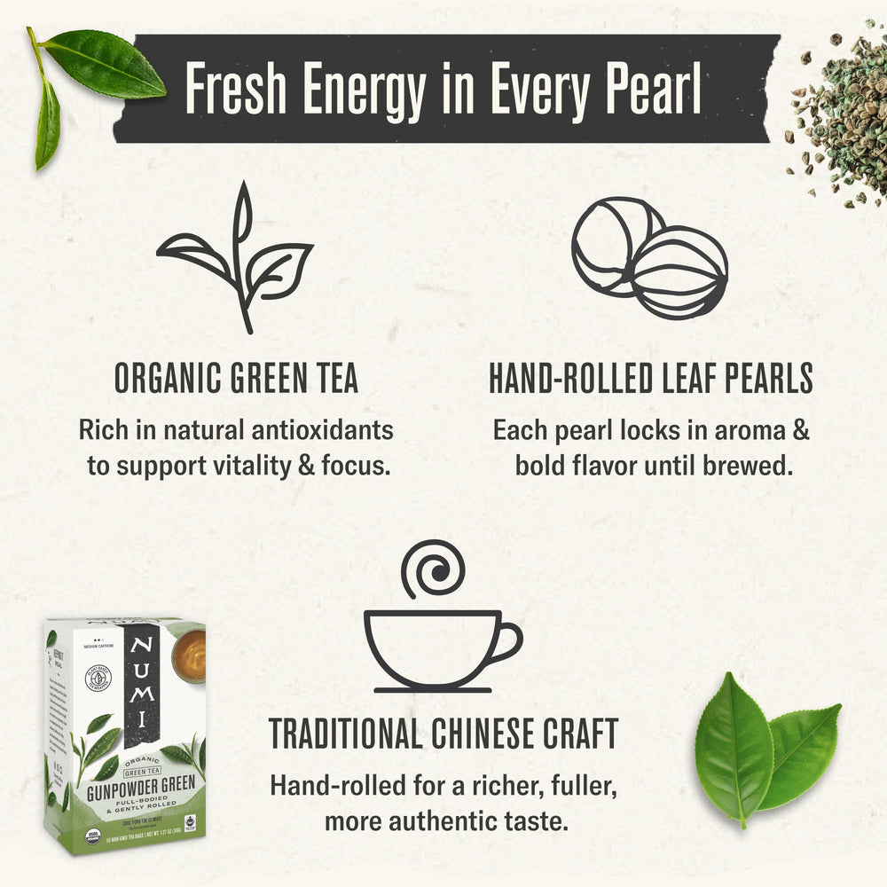 Numi Gunpowder Green Tea steeping cup reveals bold, smooth flavor on demand.
