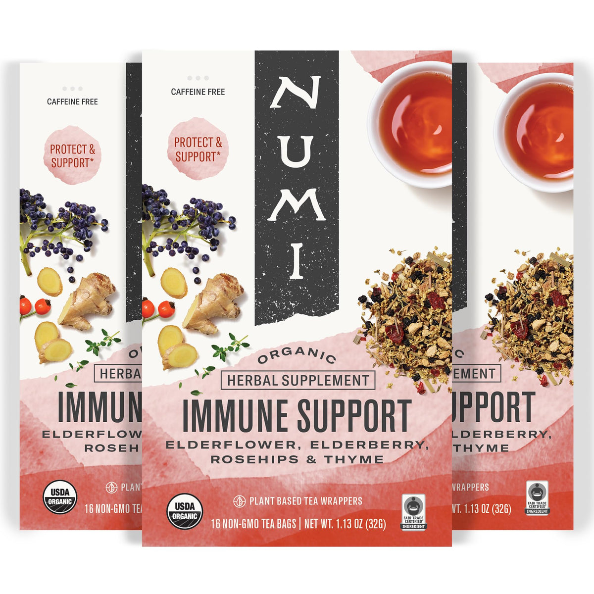 Numi Immune Support tea bags in recyclable carton promote daily wellness.