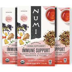 Numi Immune Support tea bags in recyclable carton promote daily wellness.