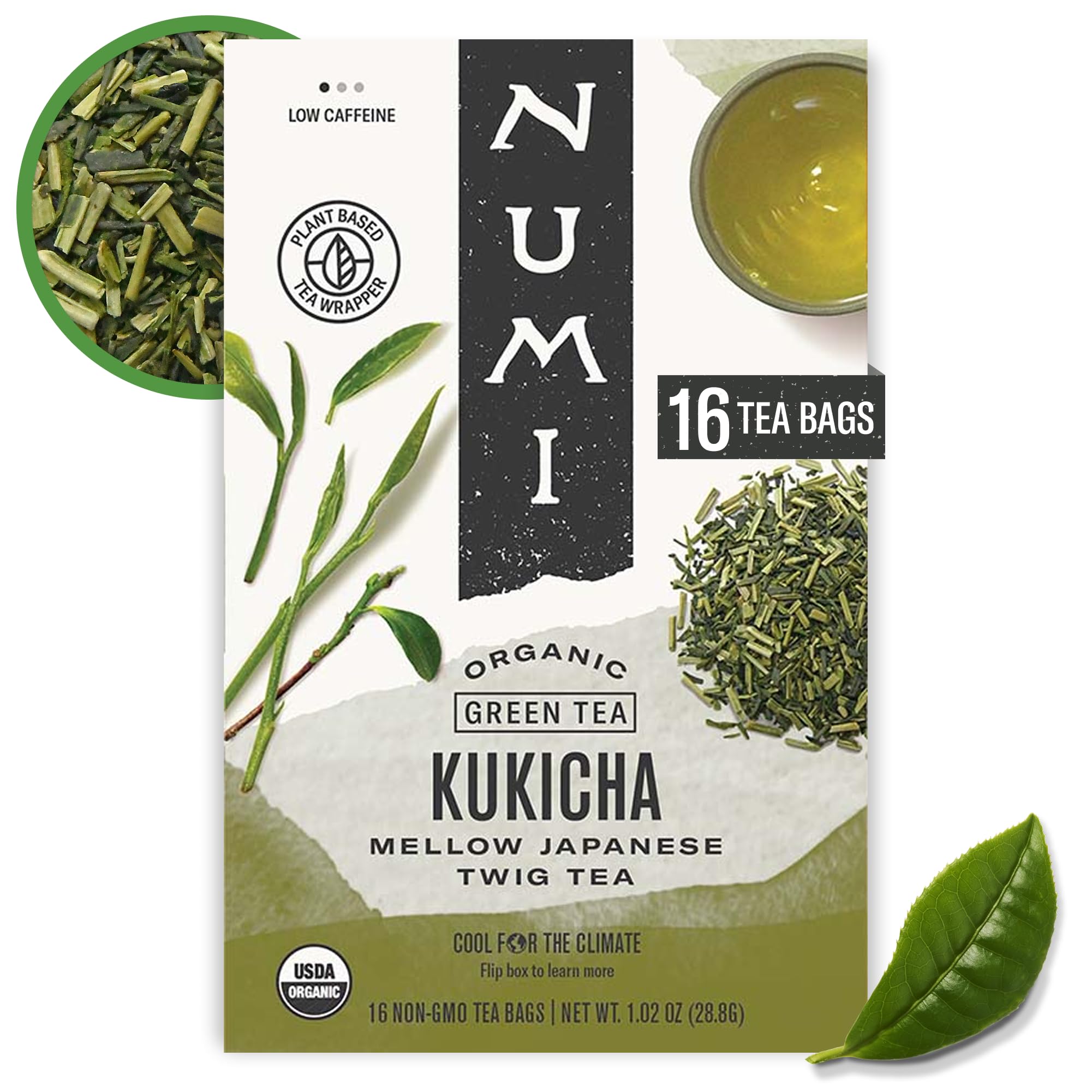 Numi Kukicha tea bag offering a smooth, low-caffeine, earthy experience.