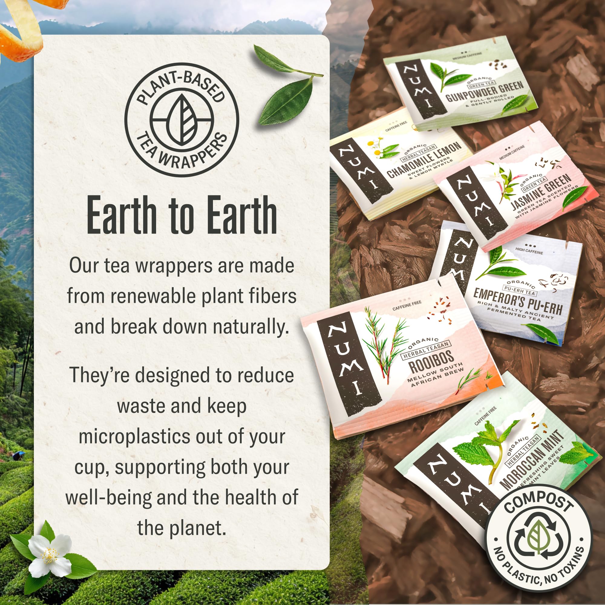 Numi logo on recyclable packaging, highlighting ethical sourcing and plant-based bags.