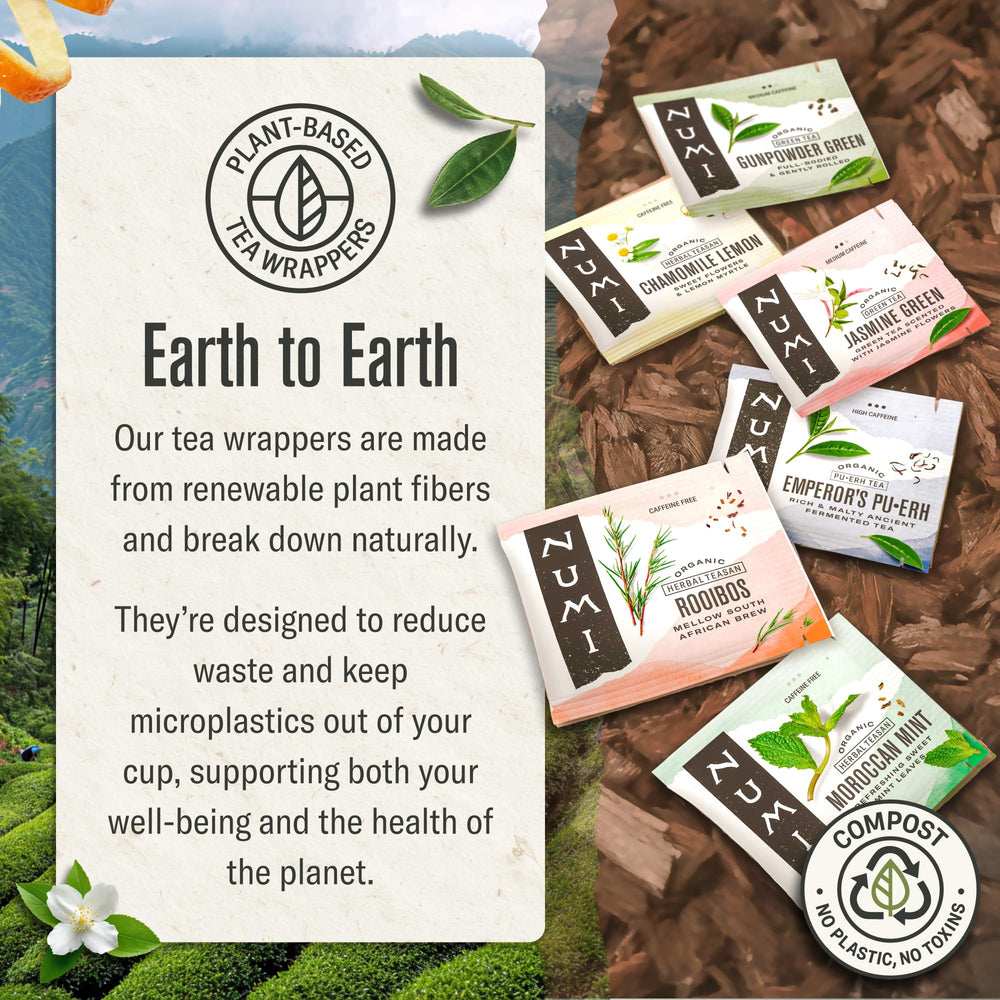 Numi logo on recyclable packaging, highlighting ethical sourcing and plant-based bags.