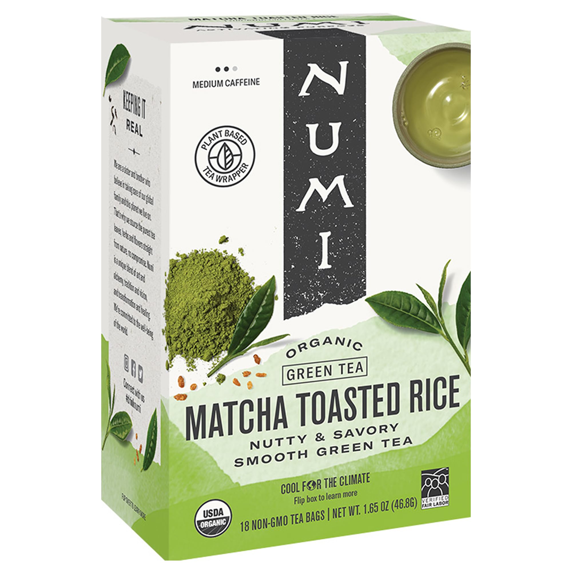 Numi Matcha Toasted Rice Green Tea bags offer calm energy and a smooth toasted flavor for daily rituals.