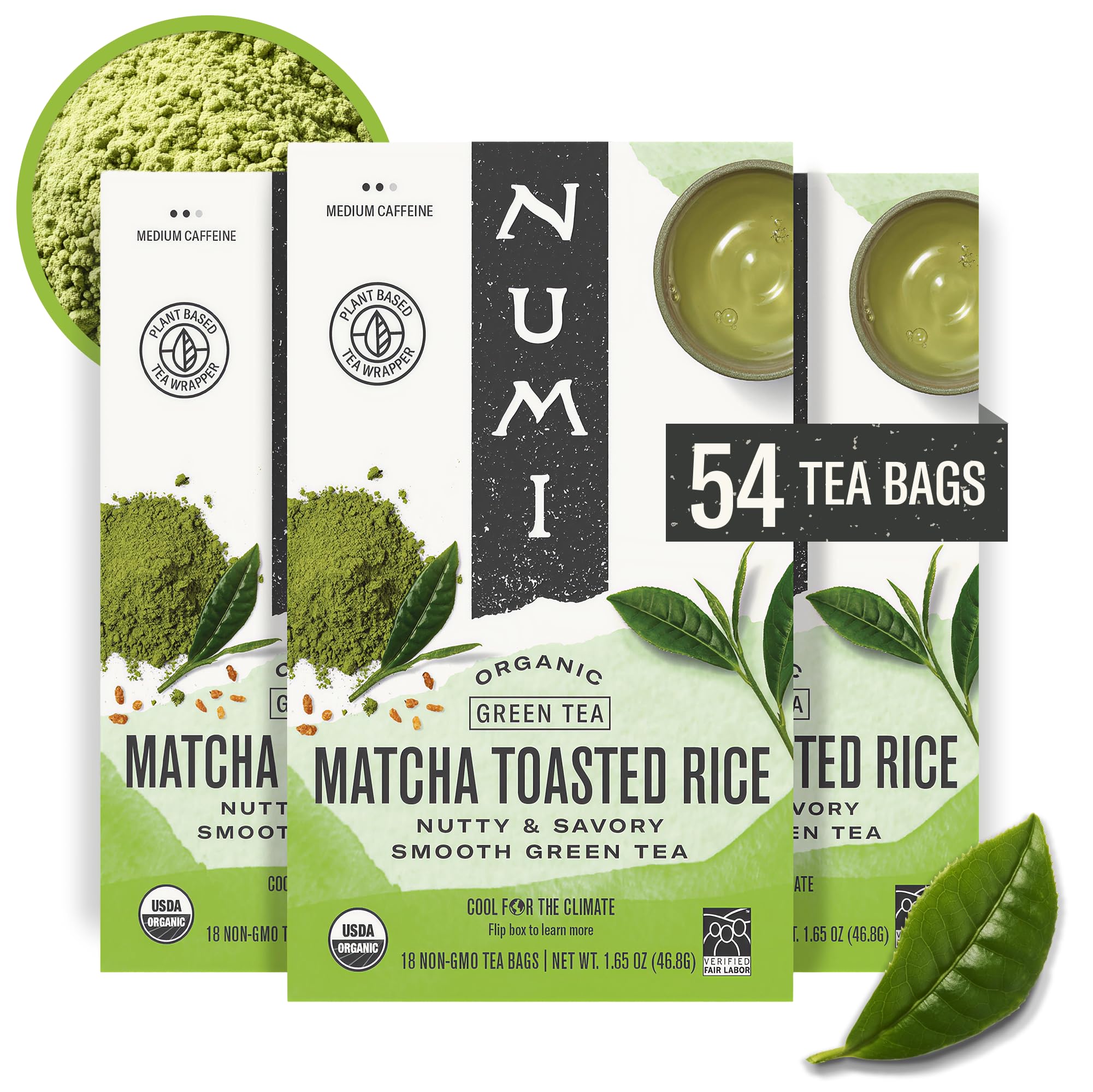 Numi Matcha Toasted Rice Tea bags pack with eco-friendly packaging for daily use