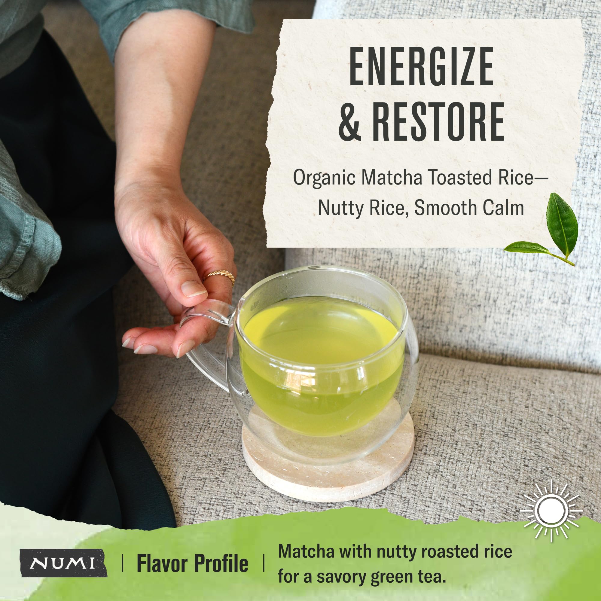 Numi Matcha Toasted Rice Tea cup steaming with vibrant color for alert calm