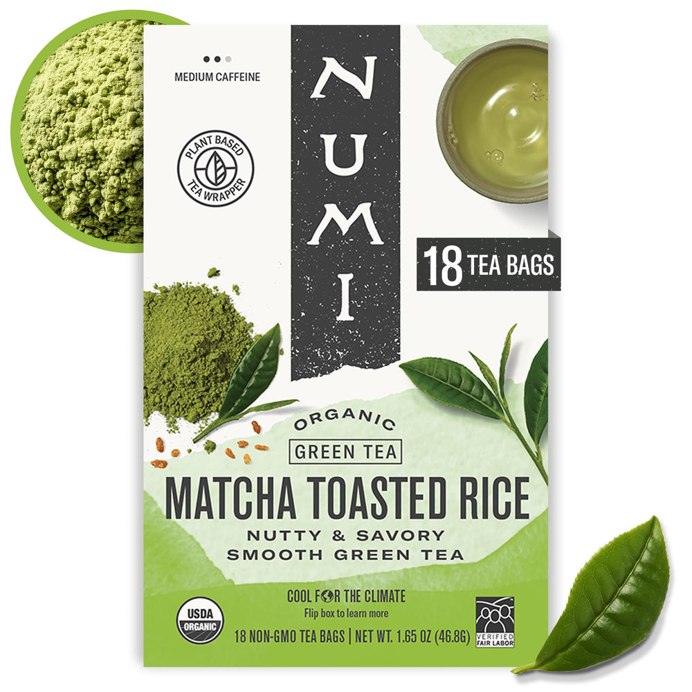 Numi Matcha Toasted Rice Tea packaging shows microplastic-free bags for a sustainable brew