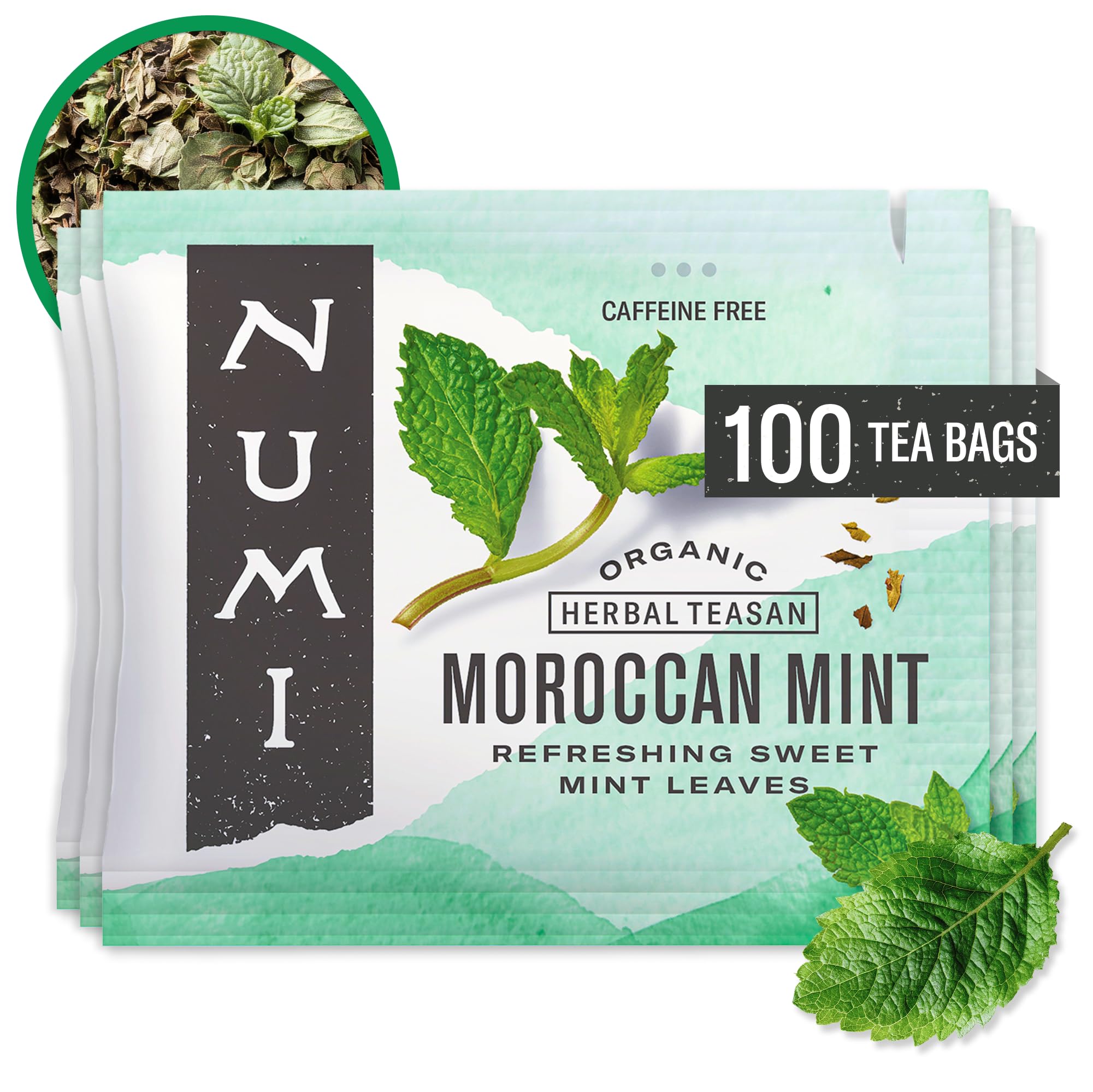 Numi Moroccan Mint Tea packaging close-up for fresh branding and aroma.
