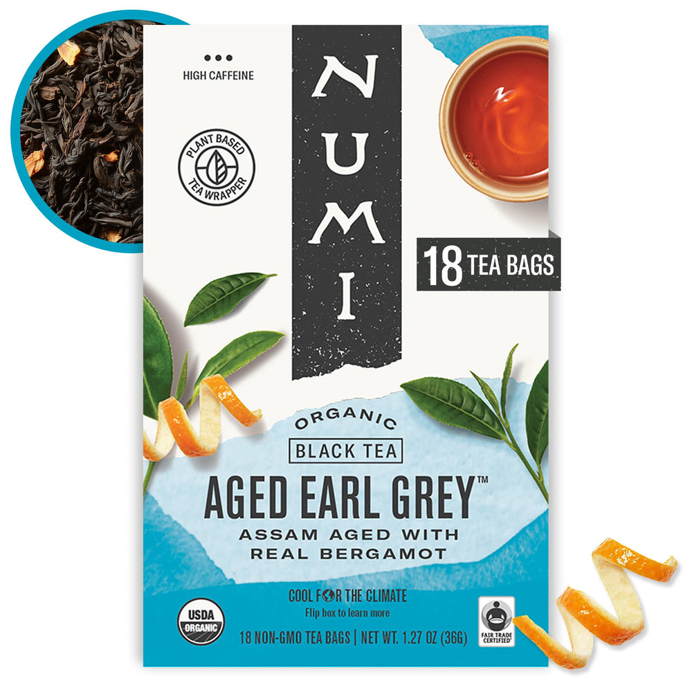 Numi Organic Aged Earl Grey tea bags reveal premium full-leaf aroma for a refined afternoon break.