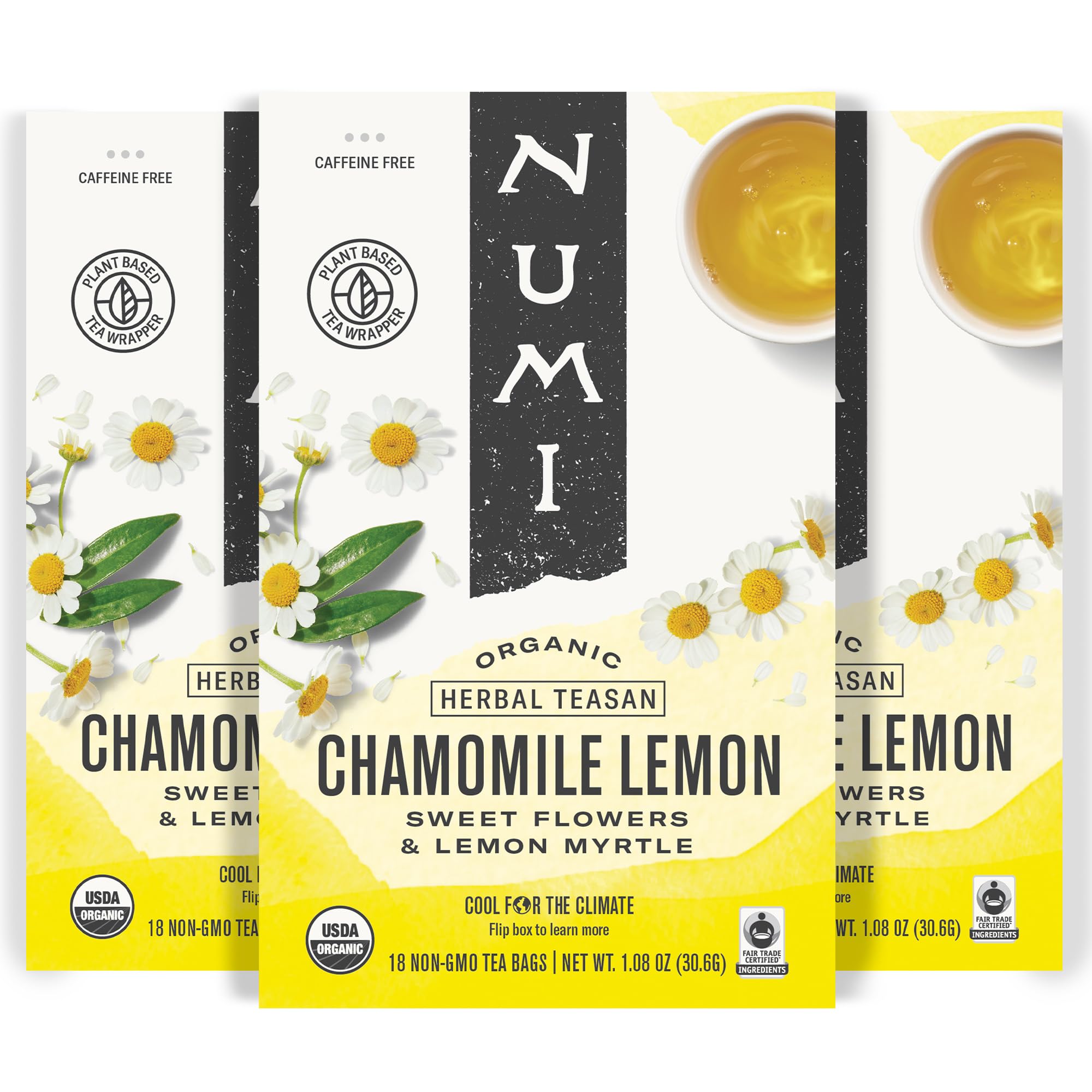 Numi Organic Chamomile Lemon Tea box showcasing sustainable packaging and calm appeal