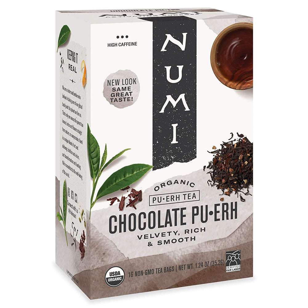 Numi Organic Chocolate Pu-erh tea bags in premium packaging for a relaxing ritual
