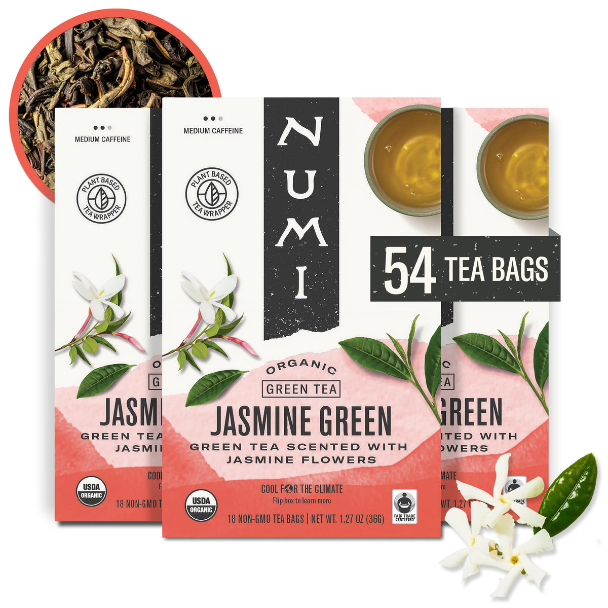 Numi Organic Jasmine Green Tea bags ready for a calming ritual