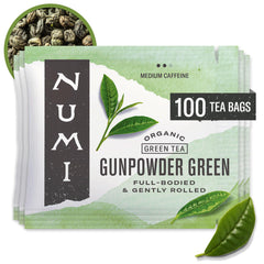 Numi Organic Gunpowder Green Tea bags for a full-bodied, clean brew.