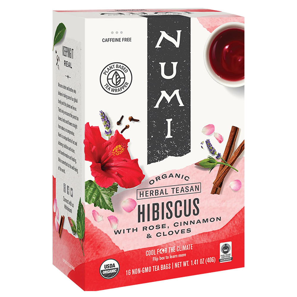 Numi Organic Hibiscus Tea bags deliver tart flavor and caffeine-free refreshment.