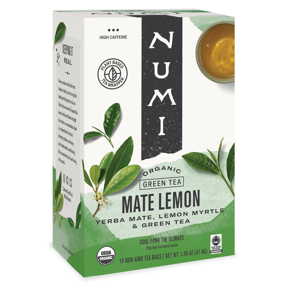 Numi Organic Maté Lemon Tea bag ready for infusion, citrus-forward energy boost