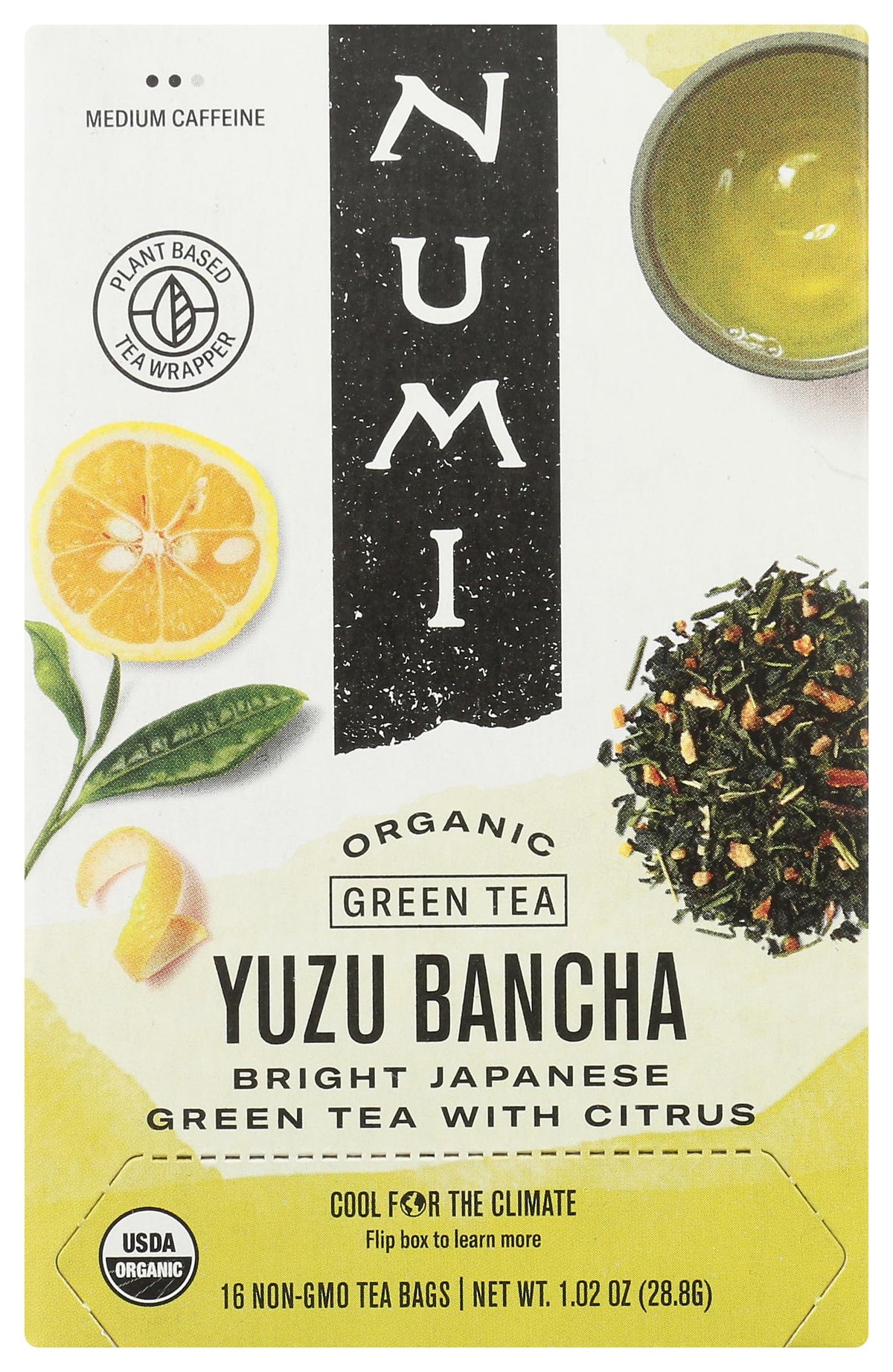 Numi Organic Yuzu Bancha Tea packaging front highlights organic quality and bright citrus notes.