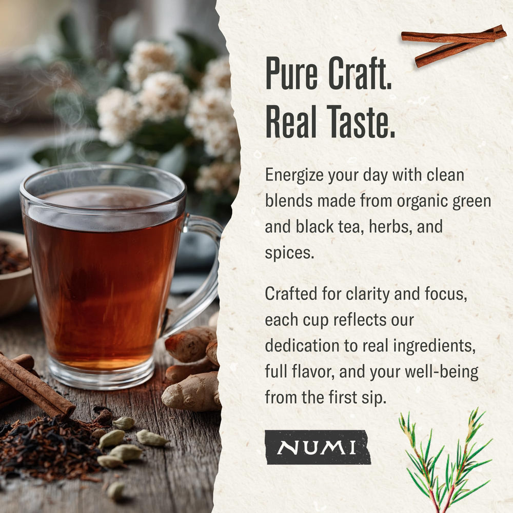 Numi Rooibos Chai cup with golden hue, natural spice aroma