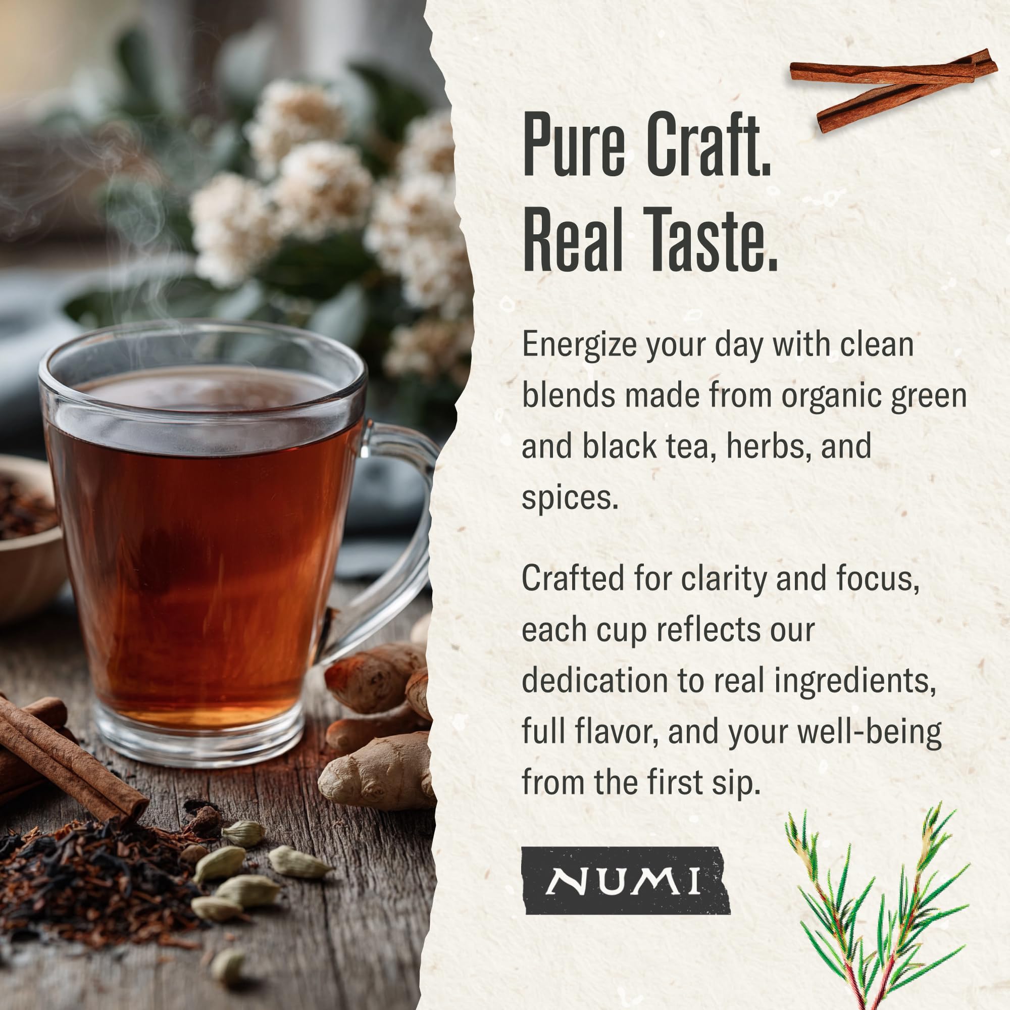 Numi Rooibos Chai fair trade story card highlights community impact.