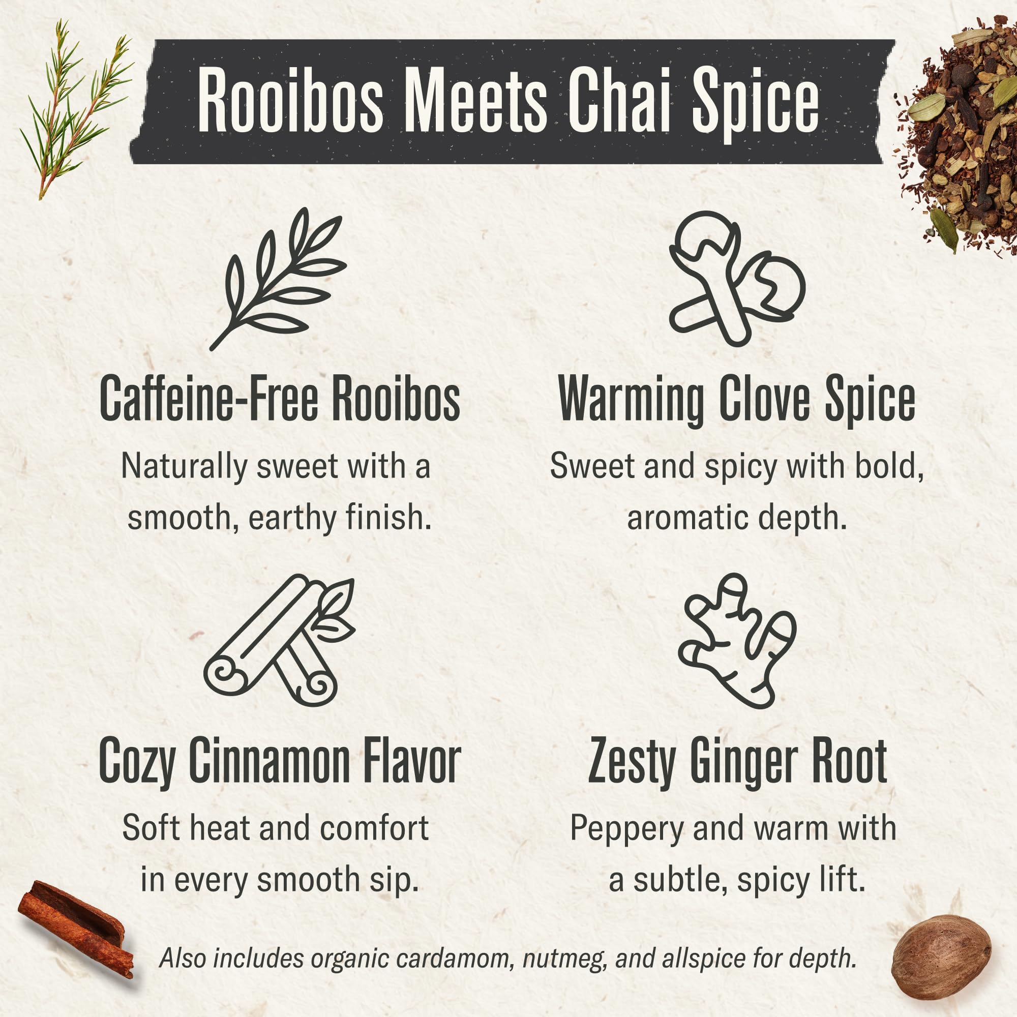 Numi Rooibos Chai spice blend close-up with cinnamon and ginger aroma.