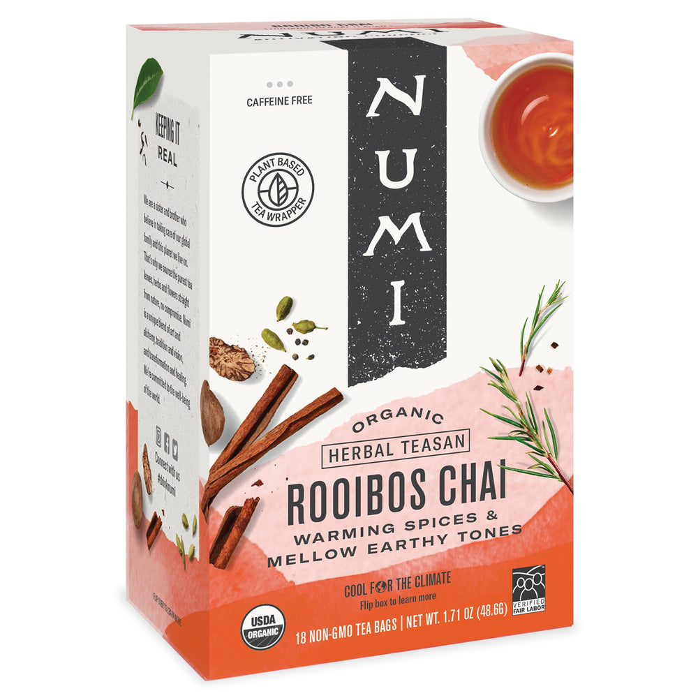Numi Rooibos Chai packaging front highlights caffeine-free herbal blend for comforting rituals