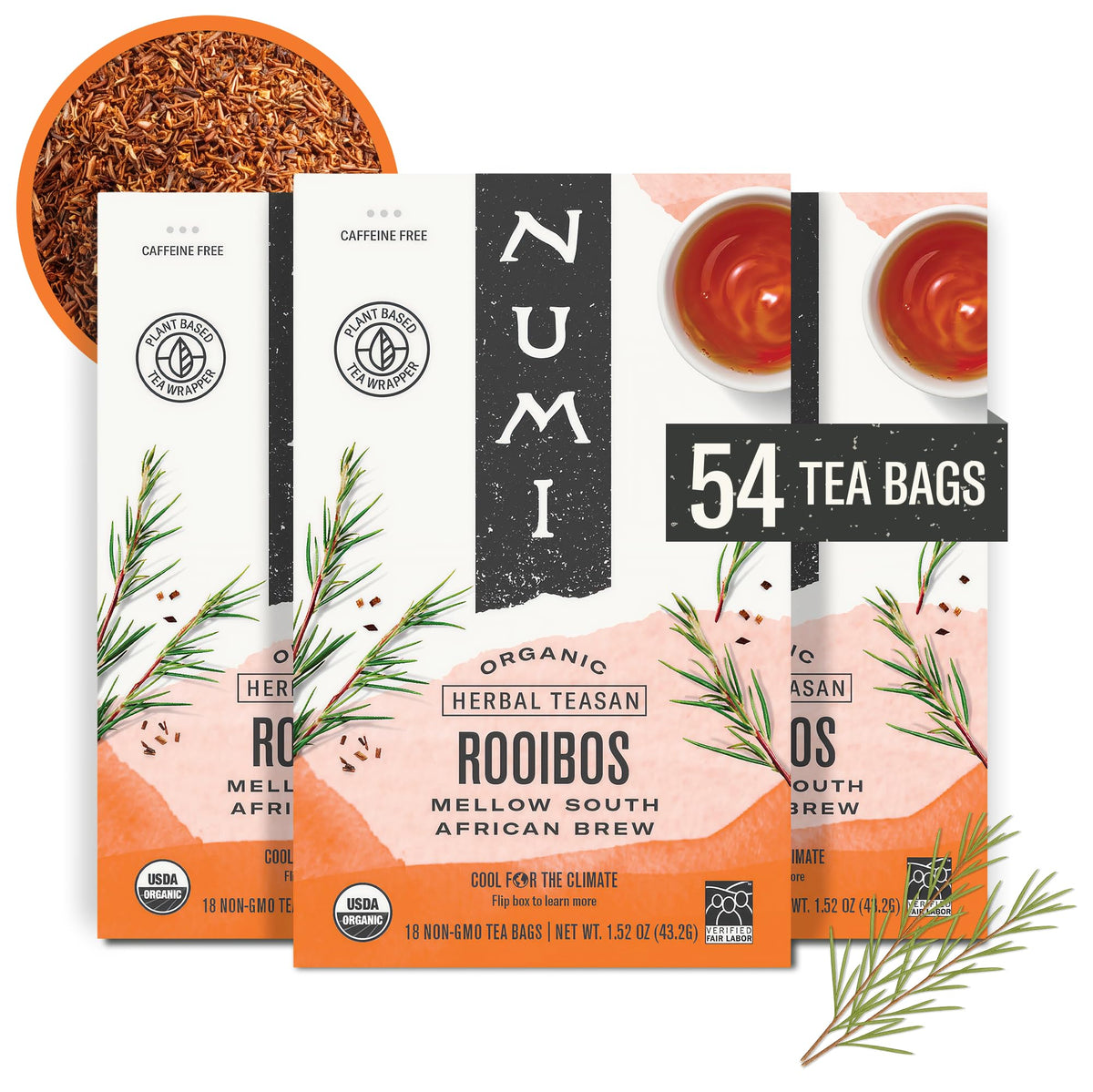 Numi Rooibos tea bags pack shows convenient, microplastic-free bags for clean brewing.