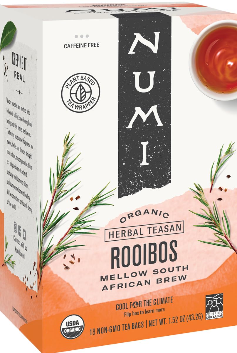 Numi Rooibos tea bags in a box, caffeine-free herbal tea for relaxing moments
