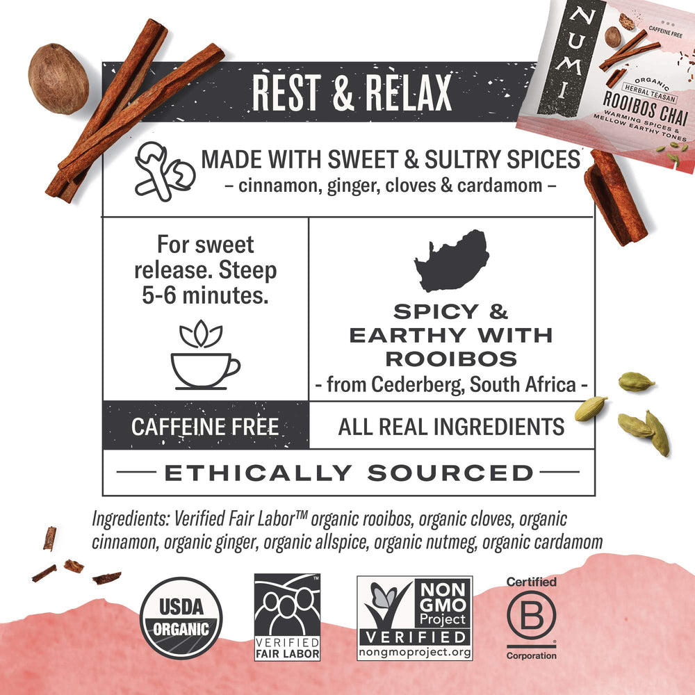 Numi Rooibos tea bags steeping for a caffeine-free evening ritual