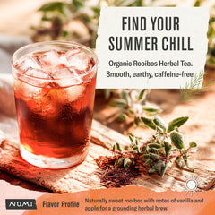 Numi Rooibos tea cup steeping captures rich vanilla and earthy notes.