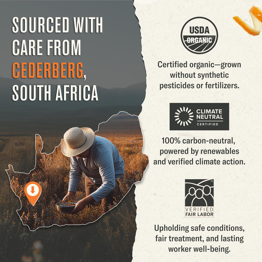 Numi Rooibos label highlights fair-trade sourcing from South Africa.