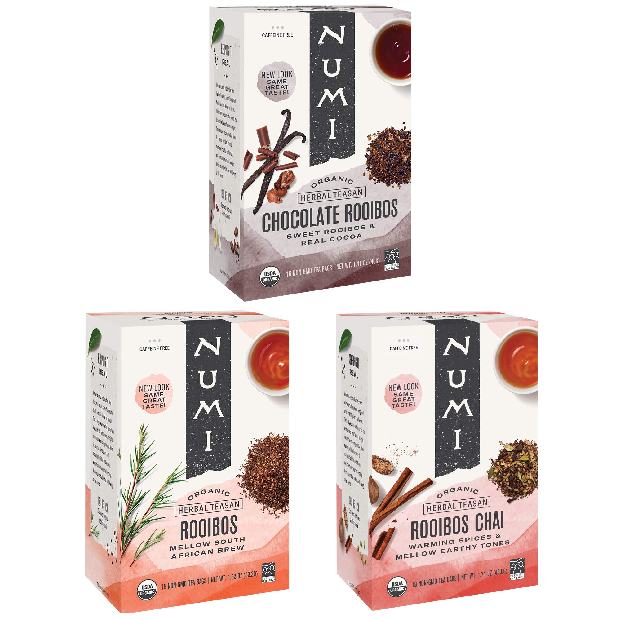 Numi Rooibos variety pack box highlighting sustainable packaging and organic ingredients