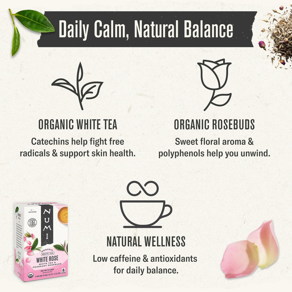 Steaming cup of Numi White Rose Tea releasing floral aroma