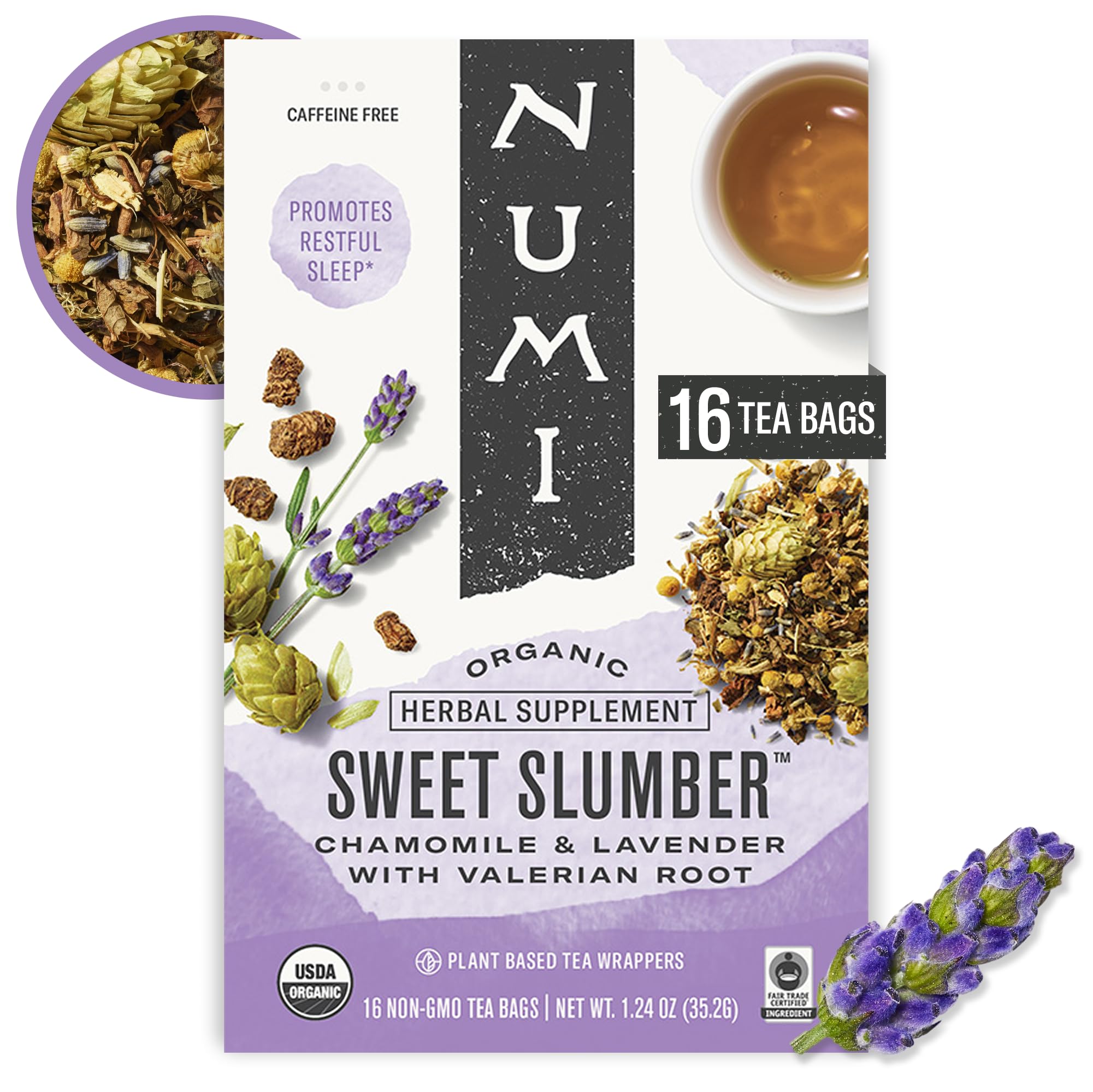 Numi Sweet Slumber tea cup steep — soothing aroma for a gentle evening wind-down.