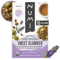 Numi Sweet Slumber tea cup steep — soothing aroma for a gentle evening wind-down.