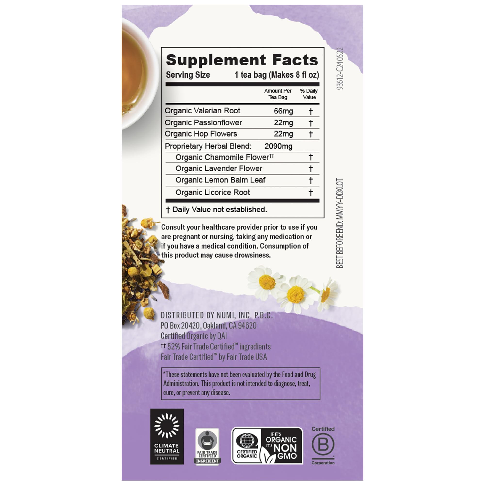 Numi Sweet Slumber valerian root blend in a mug promotes calm nights