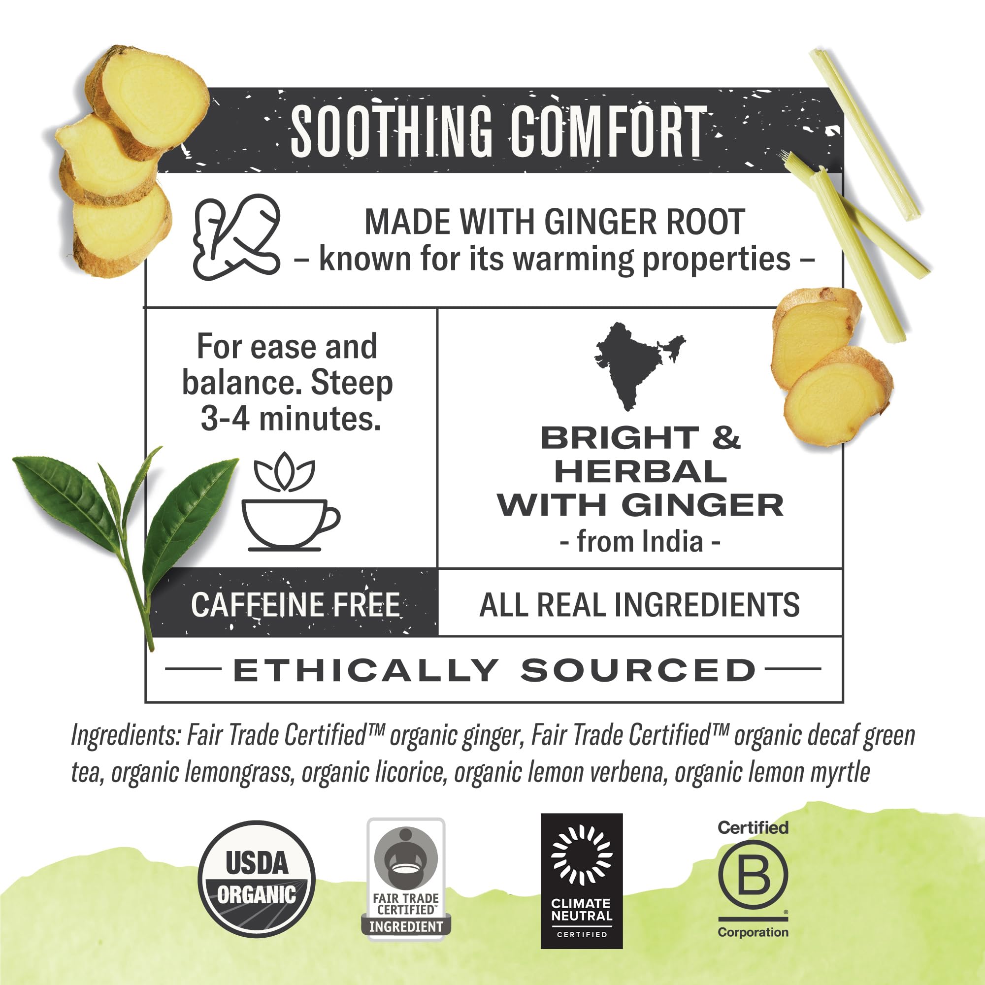 Numi box front showcasing organic, non-GMO decaf green tea with ginger and lemongrass.