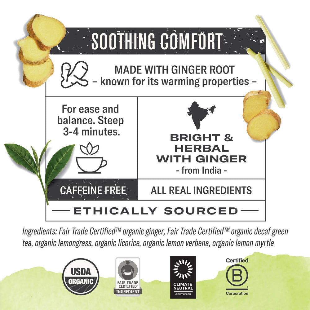 Numi box front showcasing organic, non-GMO decaf green tea with ginger and lemongrass.
