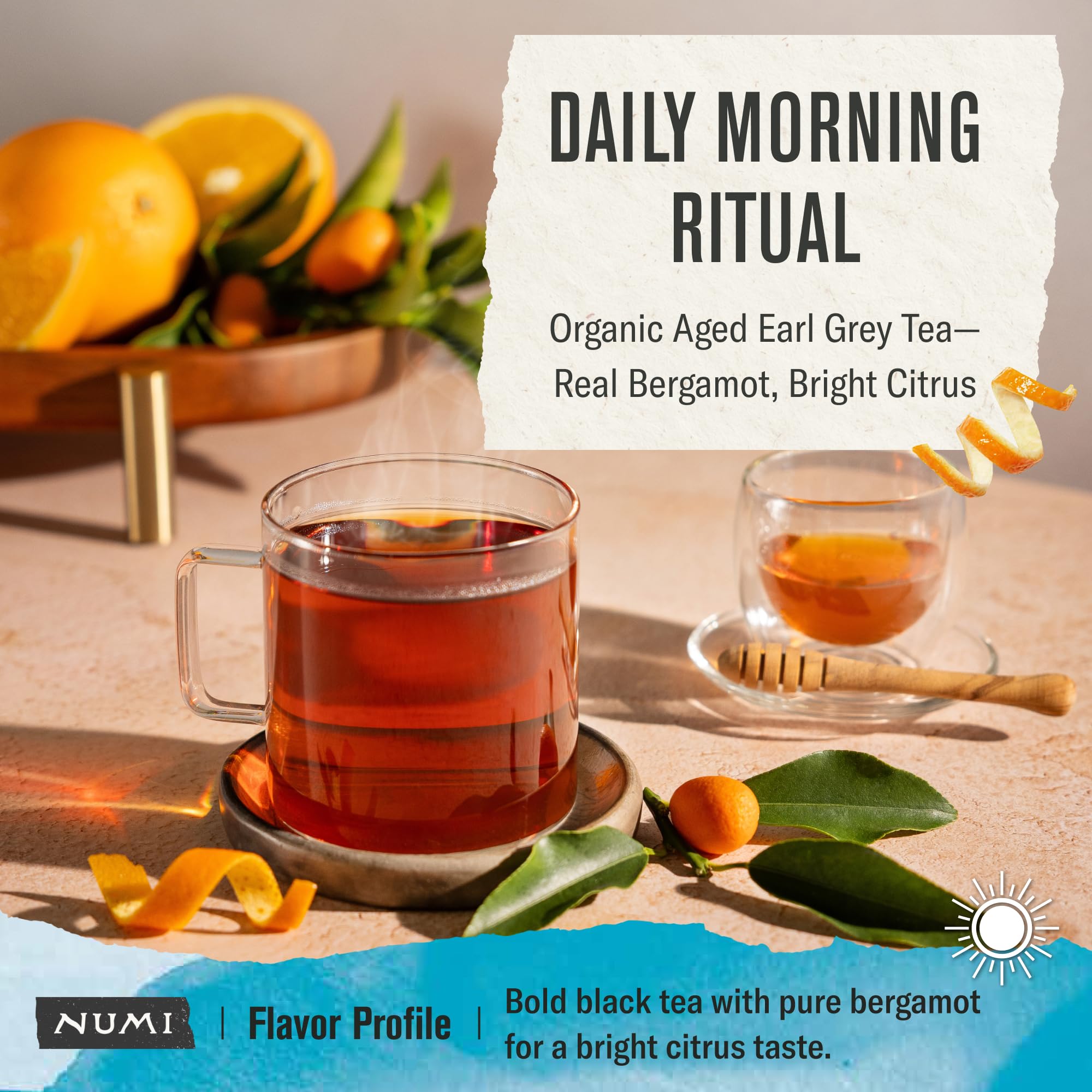 Numi tea cup steaming with elegance suggests a smooth caffeinated lift.