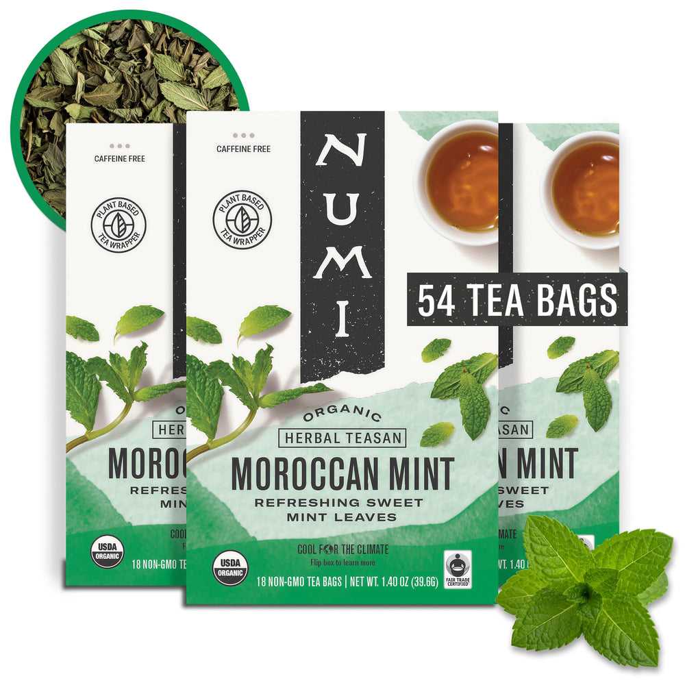 Numi Organic Moroccan Mint Tea packaging showcasing caffeine-free refreshment