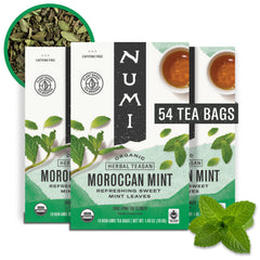 Numi Organic Moroccan Mint Tea packaging showcasing caffeine-free refreshment