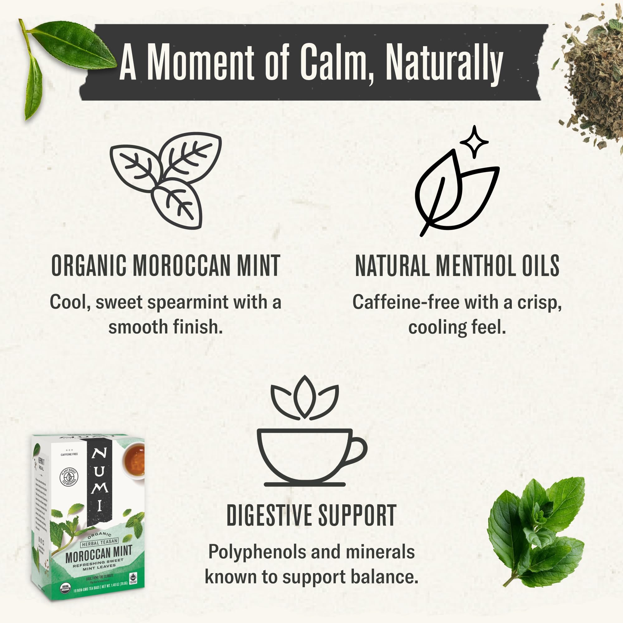 Steeped cup of Numi Moroccan Mint Tea with vibrant mint aroma