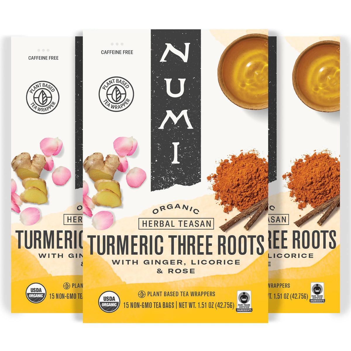 Numi Three Roots Tea box and bags for easy daily rituals with balanced flavor.