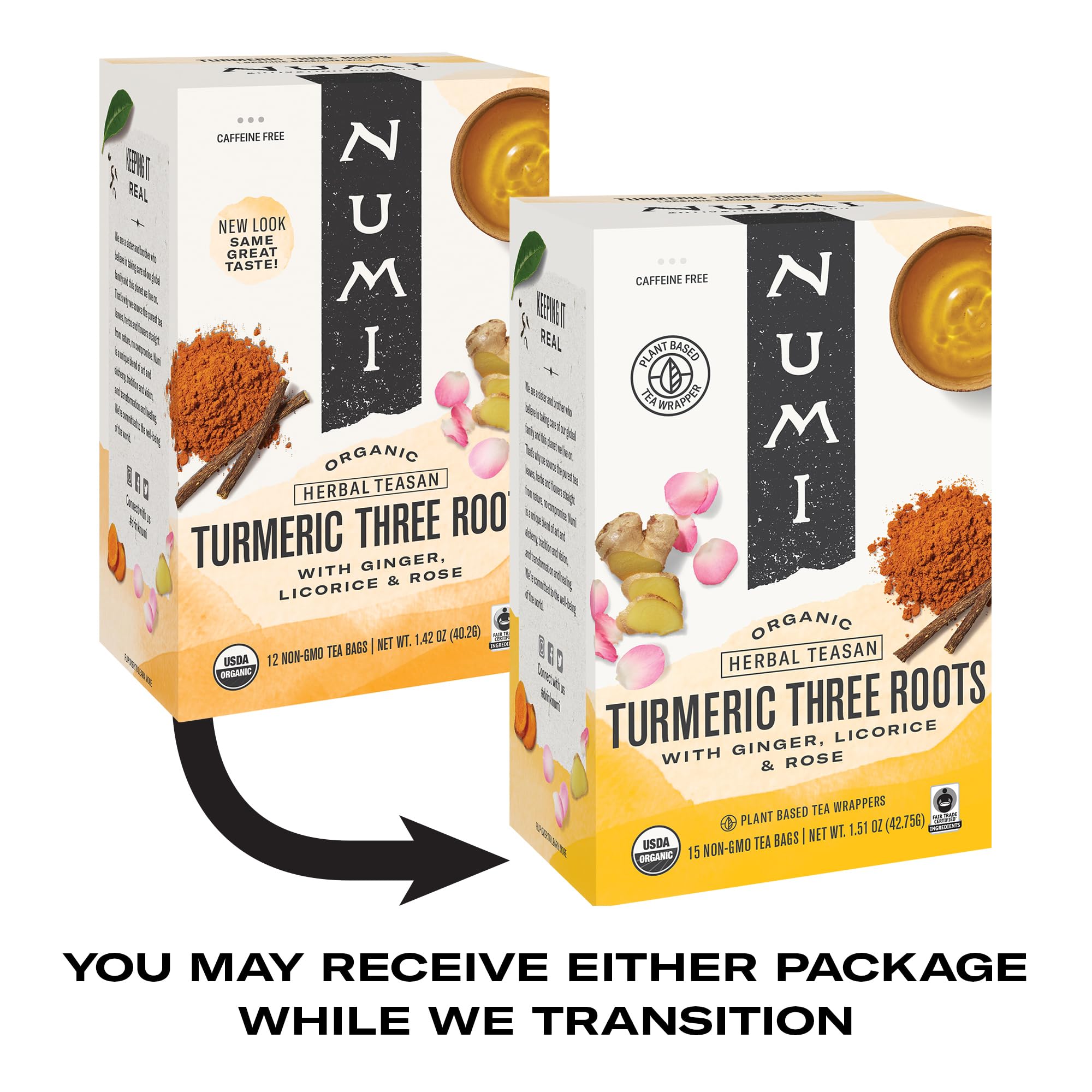 Numi Three Roots Tea box stack signals convenient caffeine-free wellness for daily routine.