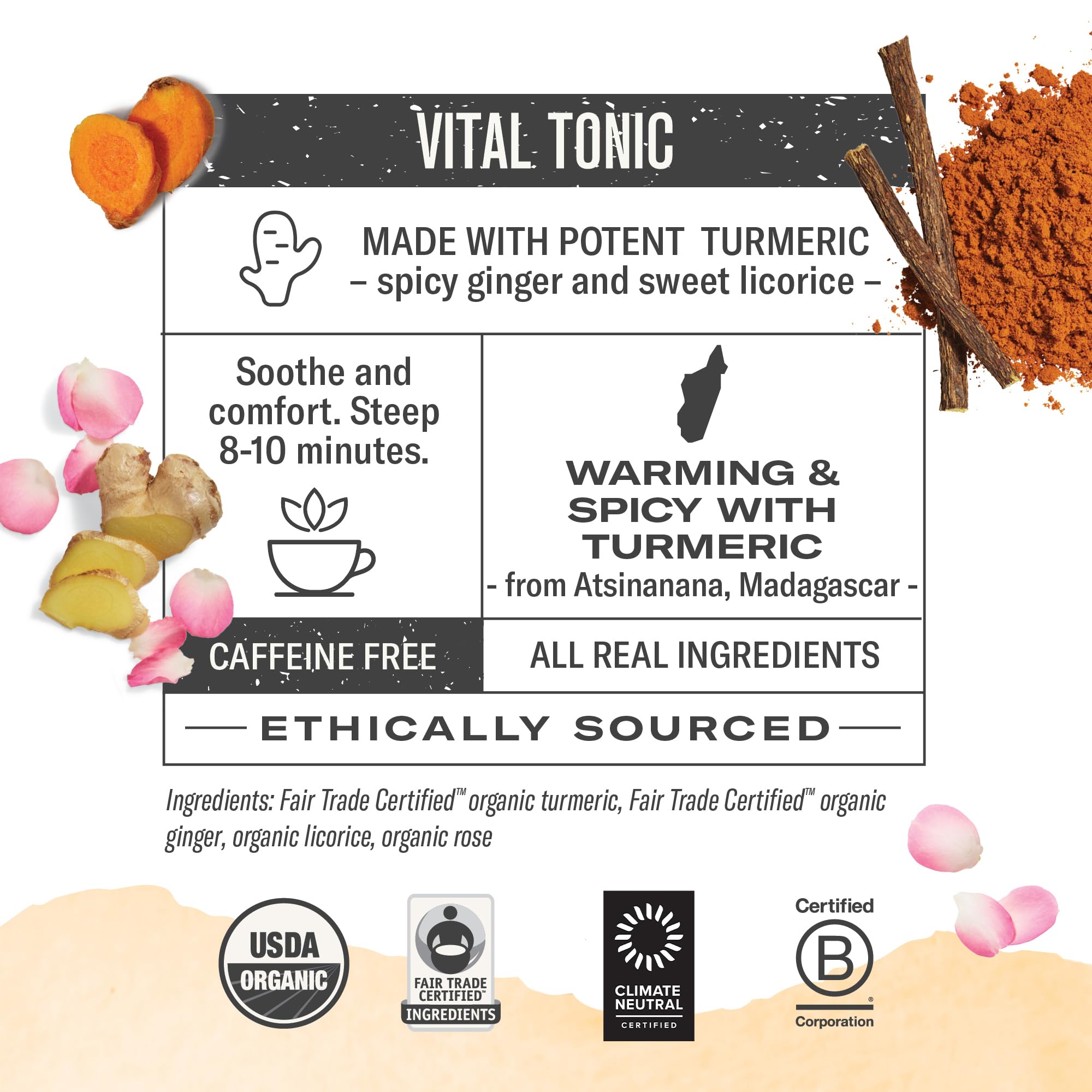 Numi Three Roots Tea steaming cup ready for warm, caffeine-free comfort.