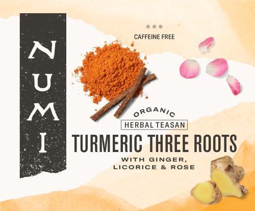 Numi Three Roots turmeric tea cup brew presents a full-bodied earthy sip without caffeine