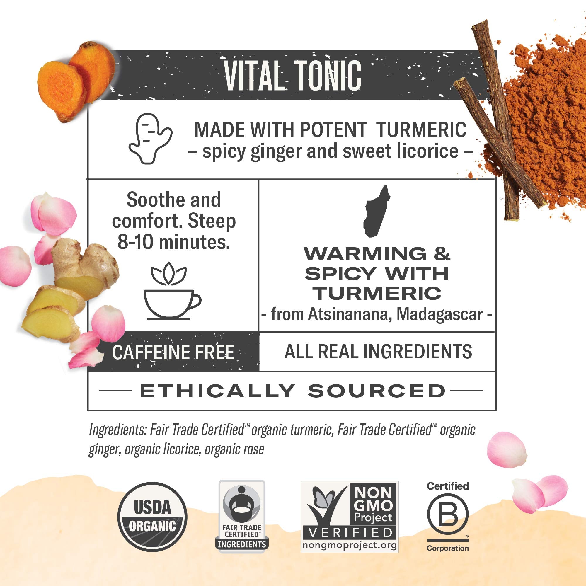 Numi Three Roots turmeric tea close-up highlighting ginger and licorice notes for warming sweetness