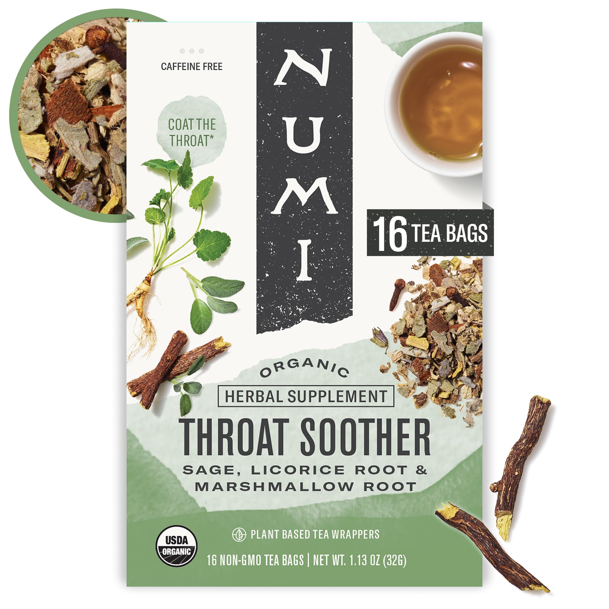 Numi Throat Soother herbal tea cup with steam for comforting throat relief.