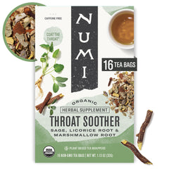 Numi Throat Soother herbal tea cup with steam for comforting throat relief.