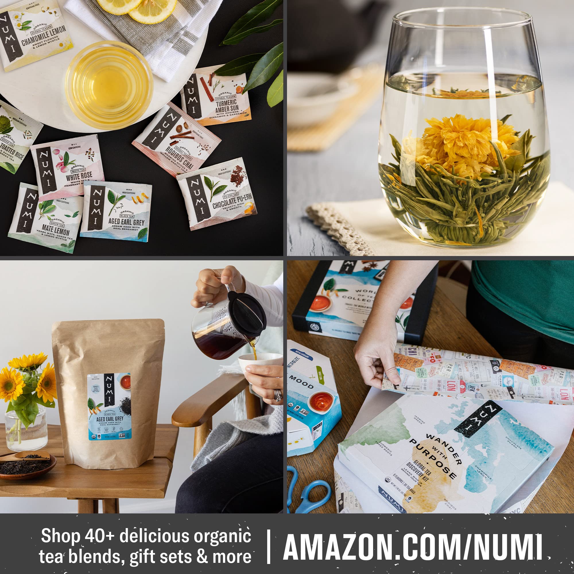 Numi compostable bags visible emphasize sustainable sourcing and waste reduction