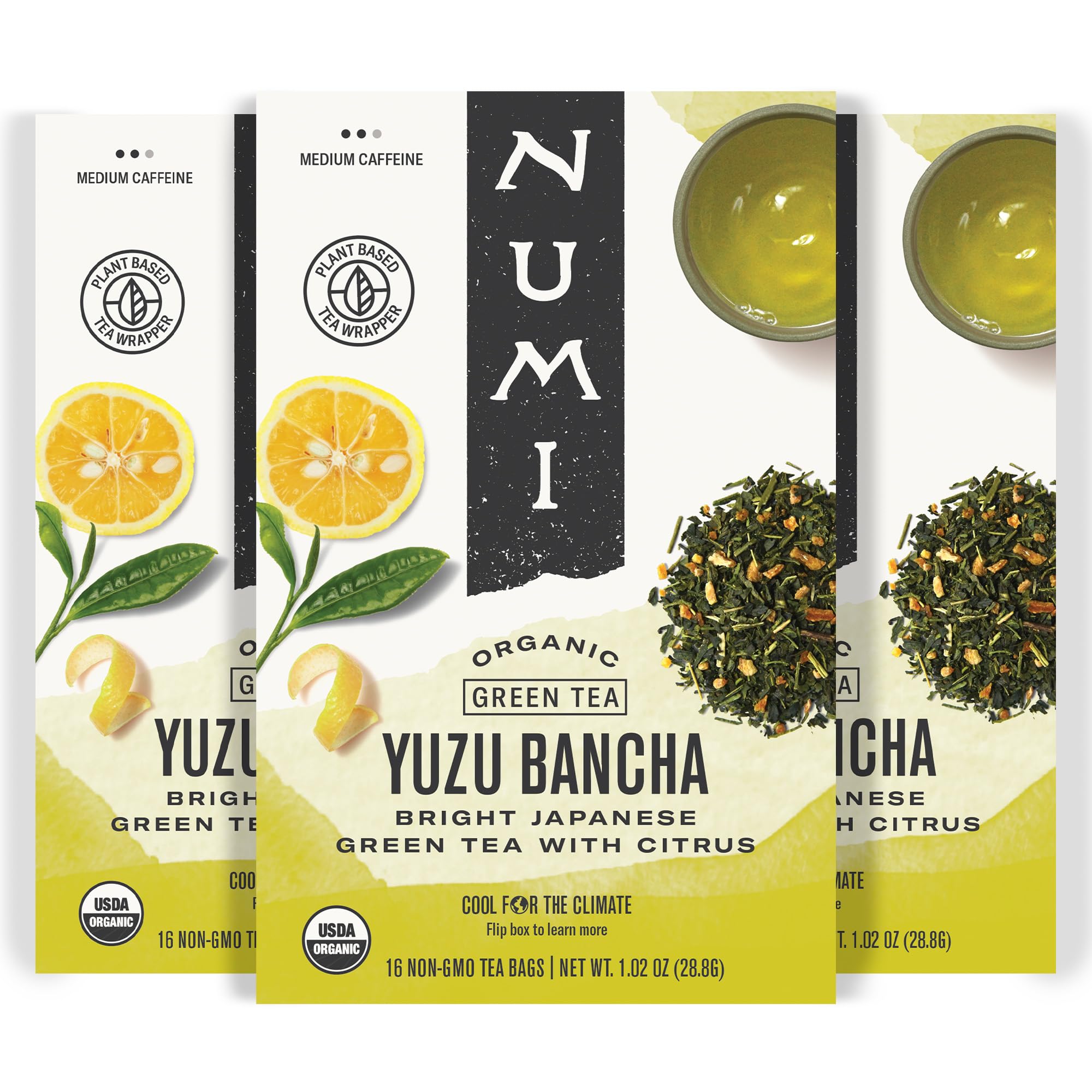 Numi Yuzu Bancha tea bag front showcases brand and crisp citrus flavor for a bright morning