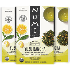Numi Yuzu Bancha tea bag front showcases brand and crisp citrus flavor for a bright morning